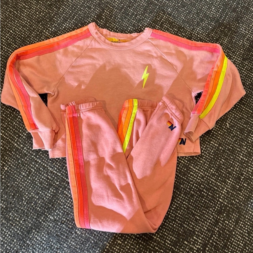 Aviator Nation Pink Sweatshirt and Pants Set with Rainbow Stripes